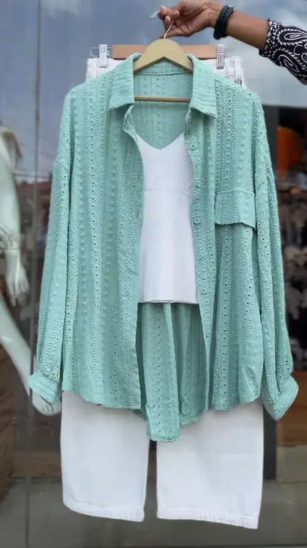 Breathable Eyelet Co-ord Set in Mint Green – Stylish Women’s Shirt, Top & Shorts Trio