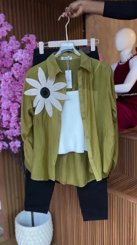 Olive Green Button-Down Shirt with Oversized Floral Patch