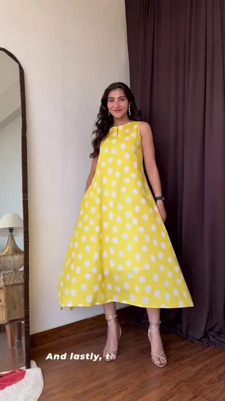 vibrant-yellow-flowy-polka-dot-summer-dress-by-pink-fort-breezy-a-line-silhouette-with-white-dot-print